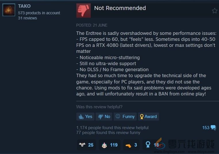 《艾尔登法环：黄金树幽影》Steam中文区多半差评 数值体验差、优化太烂(图5)